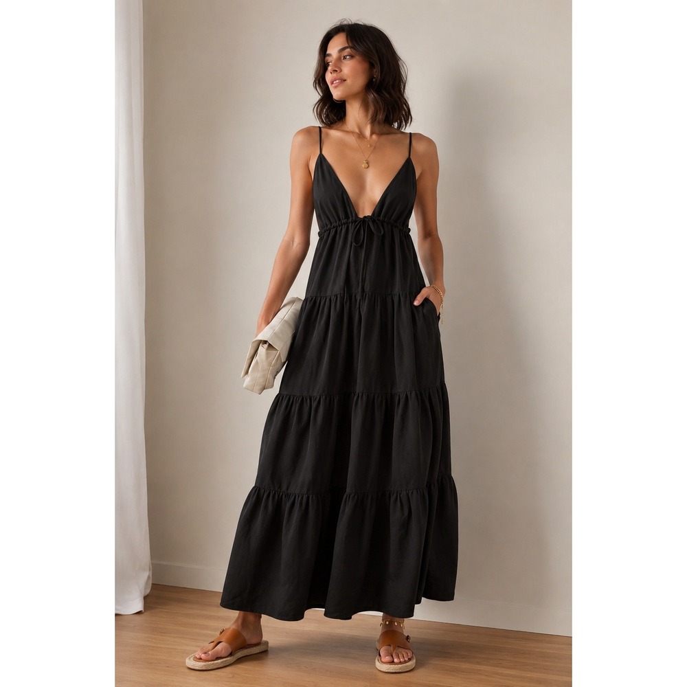 Posse Black Tiered Maxi Dress with Spaghetti Straps